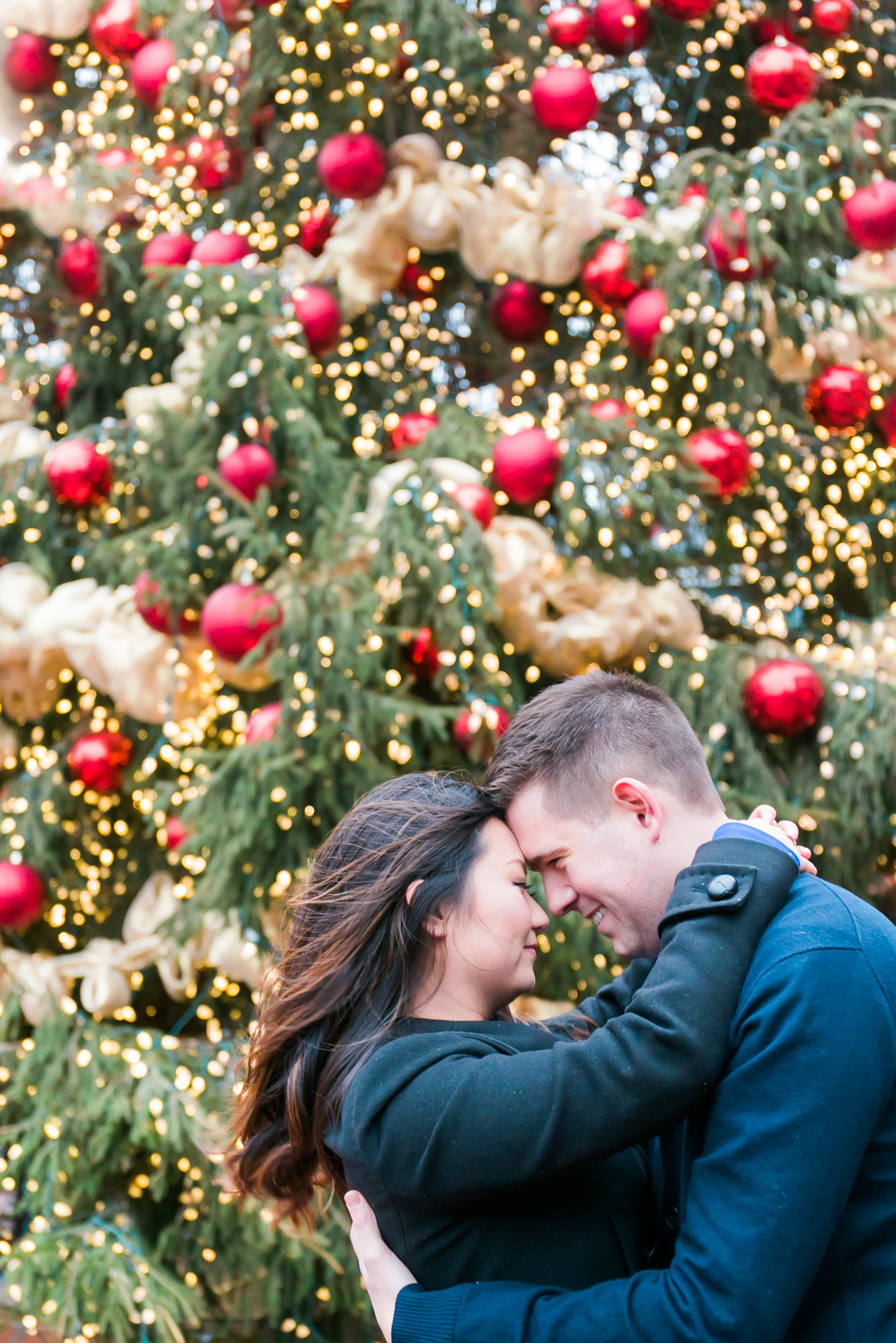 The couple is embracing each other in a hug with a large Christmas tree visible in the background.