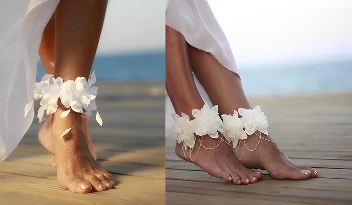 two different photos of the bride's feet wearing cute ankle cuffs