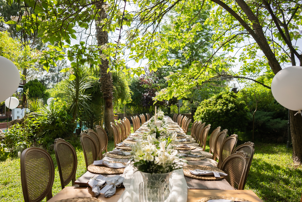 Table setting for an event party or wedding reception at home garden