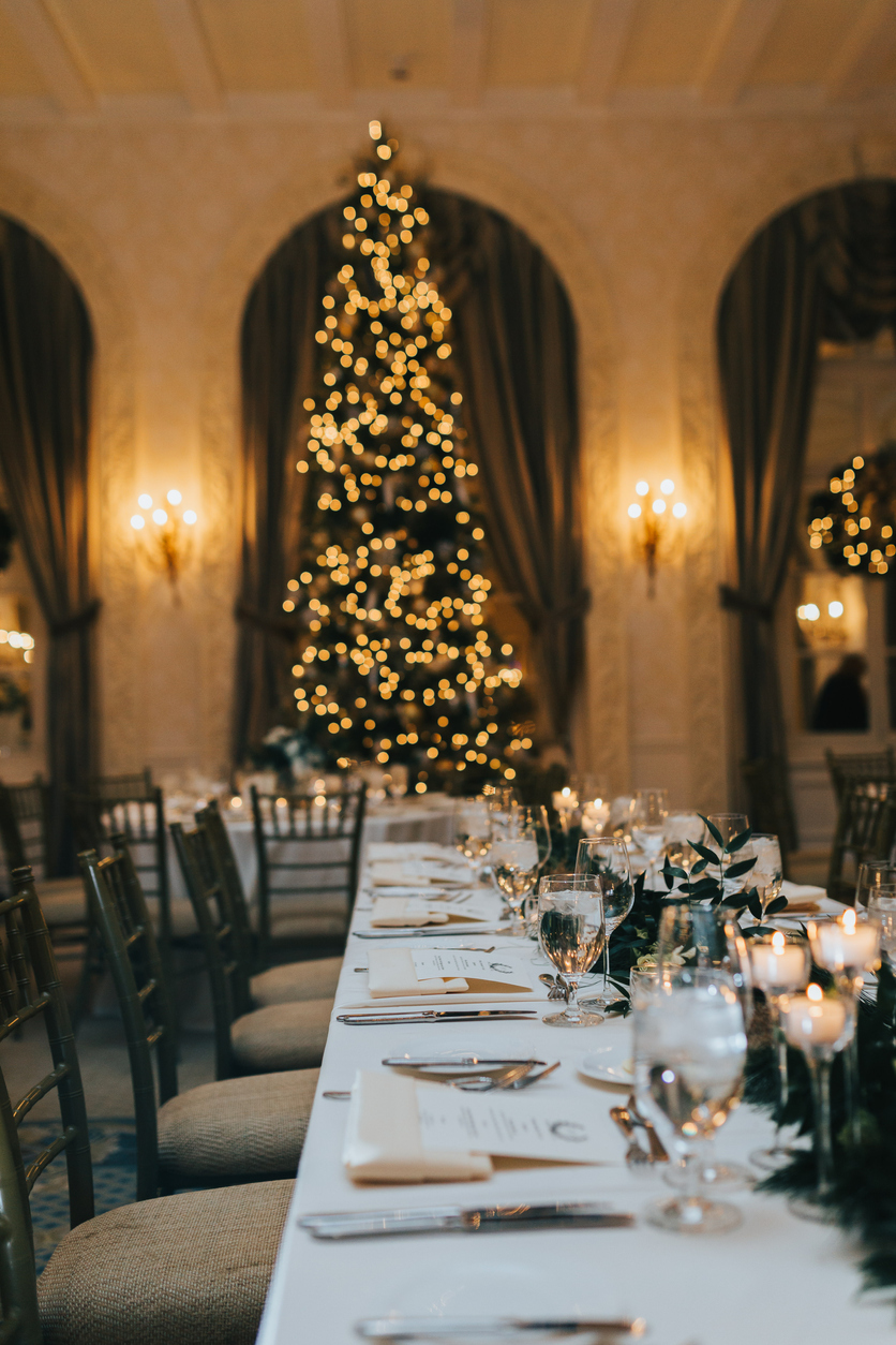 gorgeous table setting at a wedding reception with Christmas tree decor at the back.