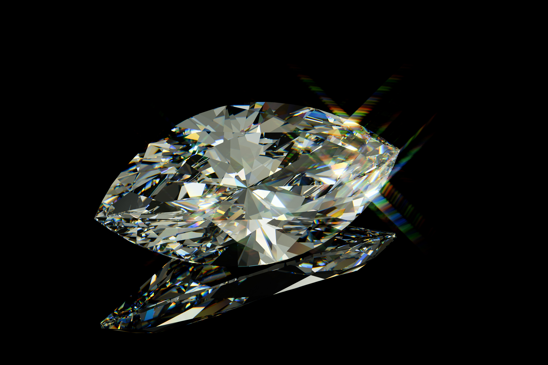 sparkling marquise cut diamond on black glossy background