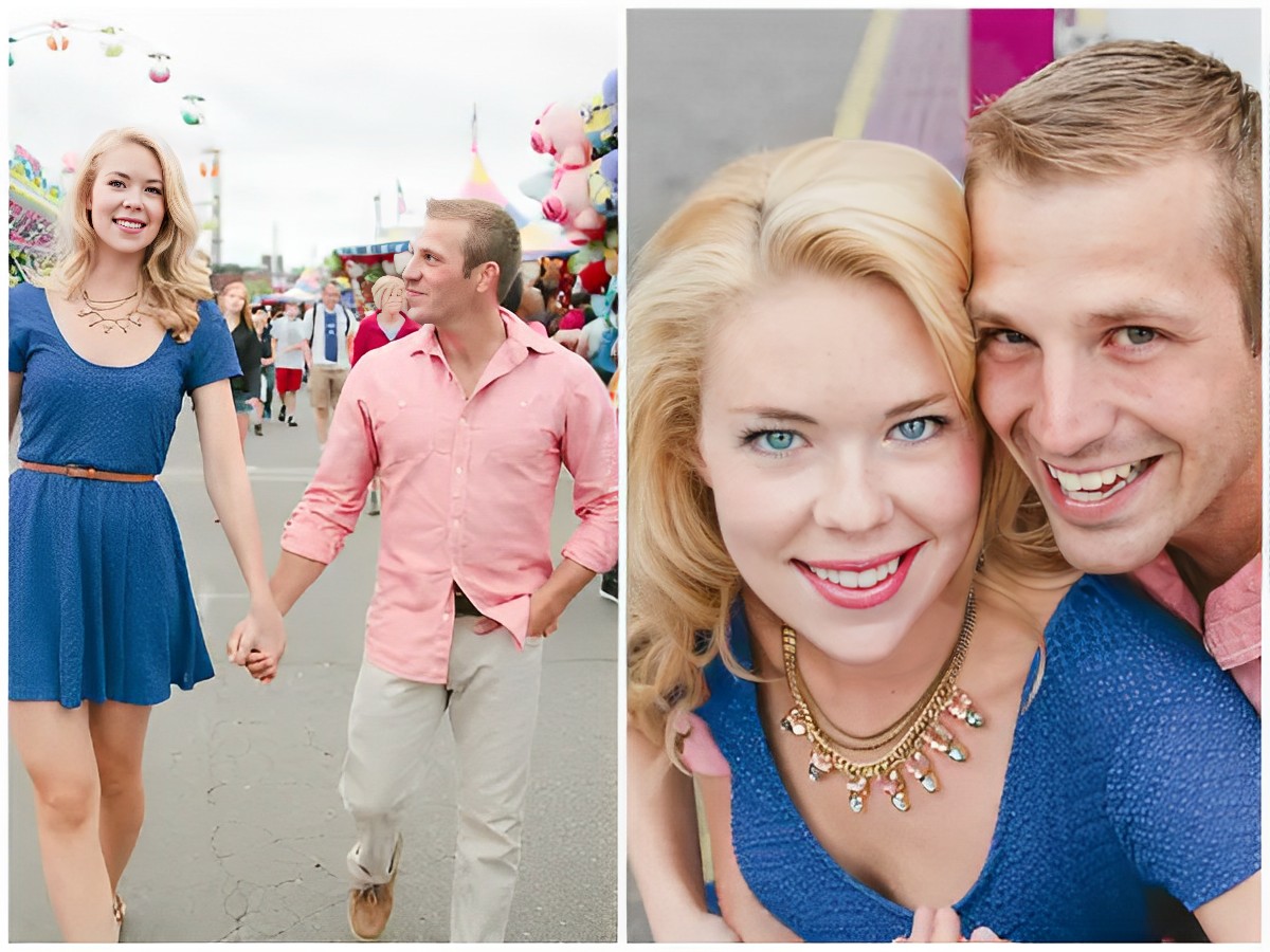 two different photos of a couple in a carnival engagement session