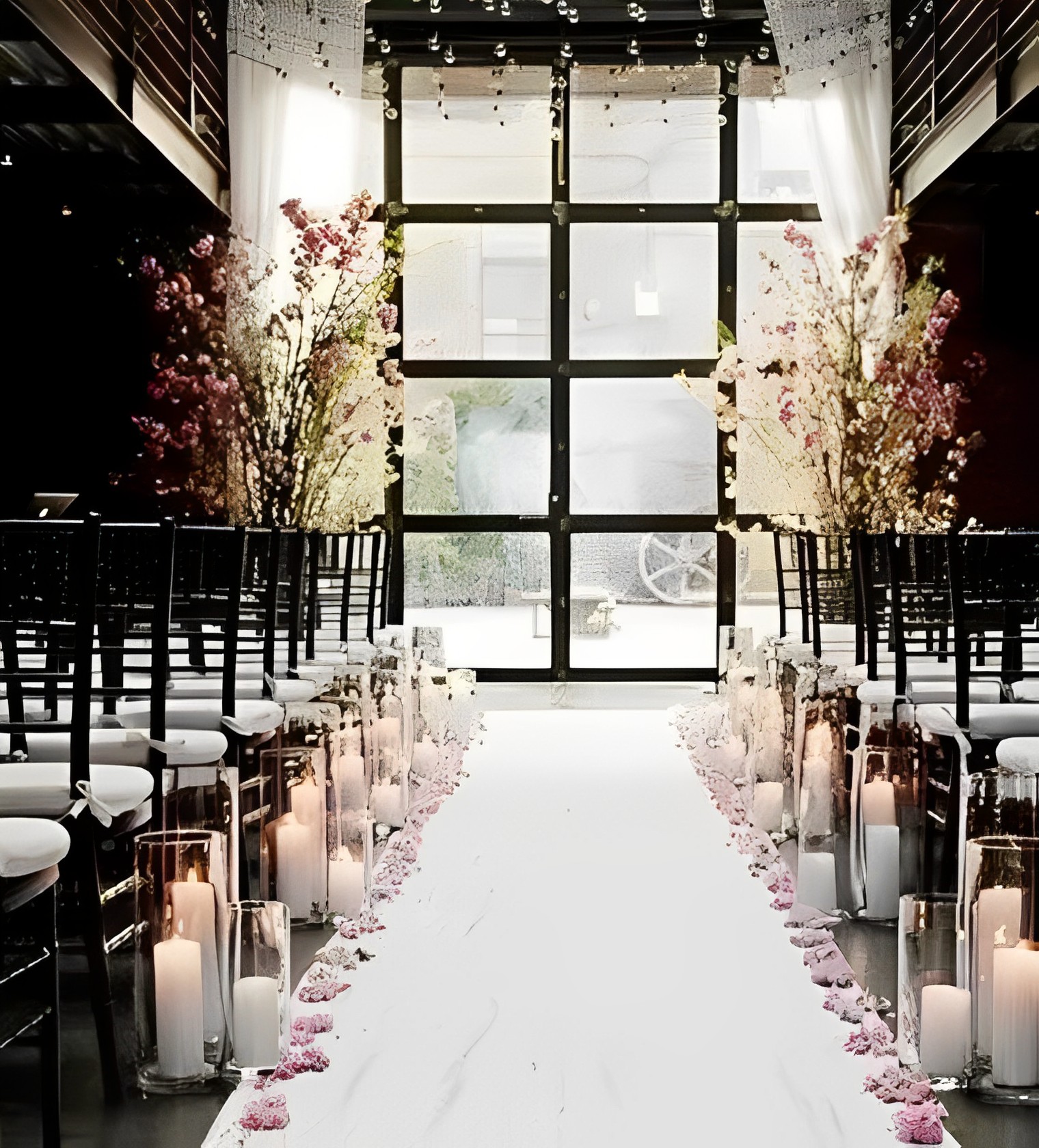 This beautiful aisle is decorated with pink flower petals and candles and complements the rest of the decorations in the space wonderfully.