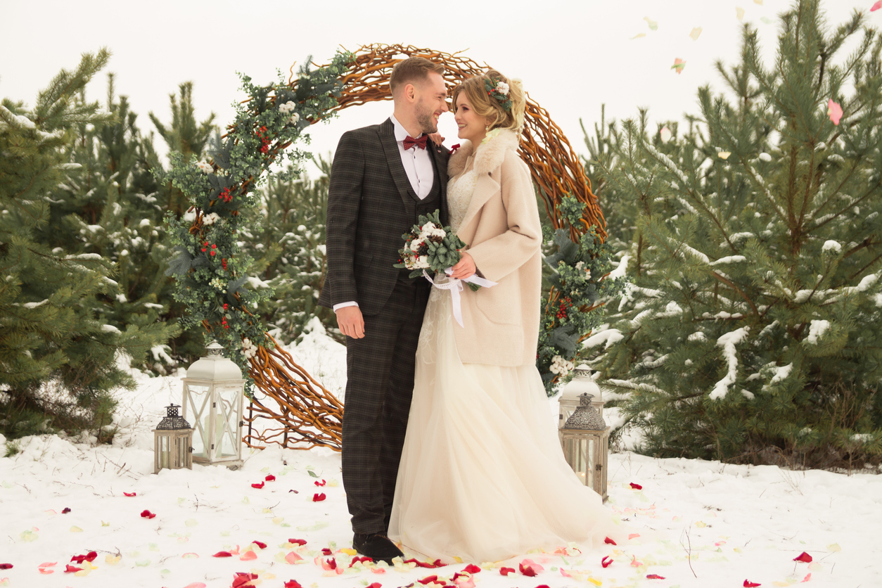 happy couple wedding in winter season