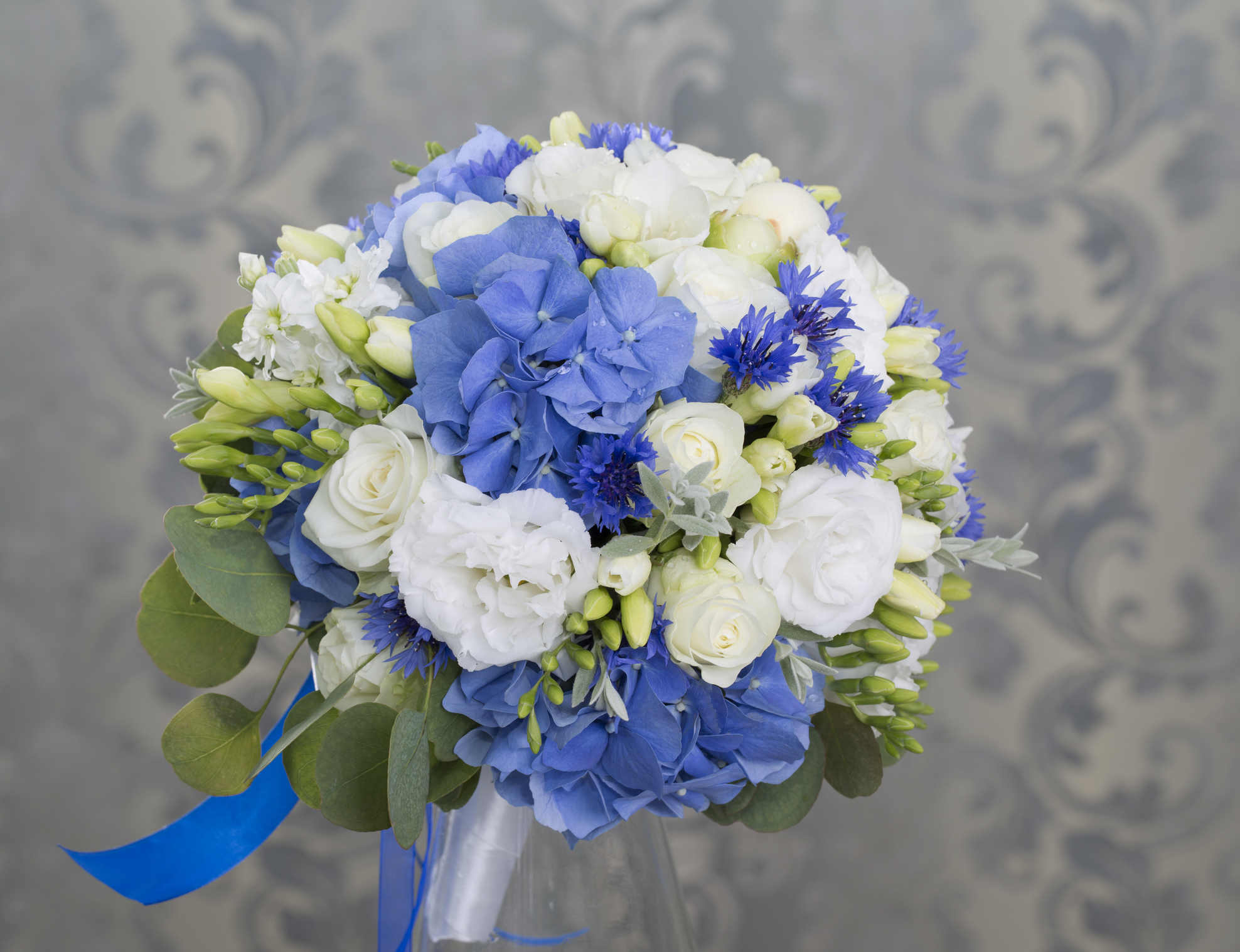 bridal bouquet in blue and white color