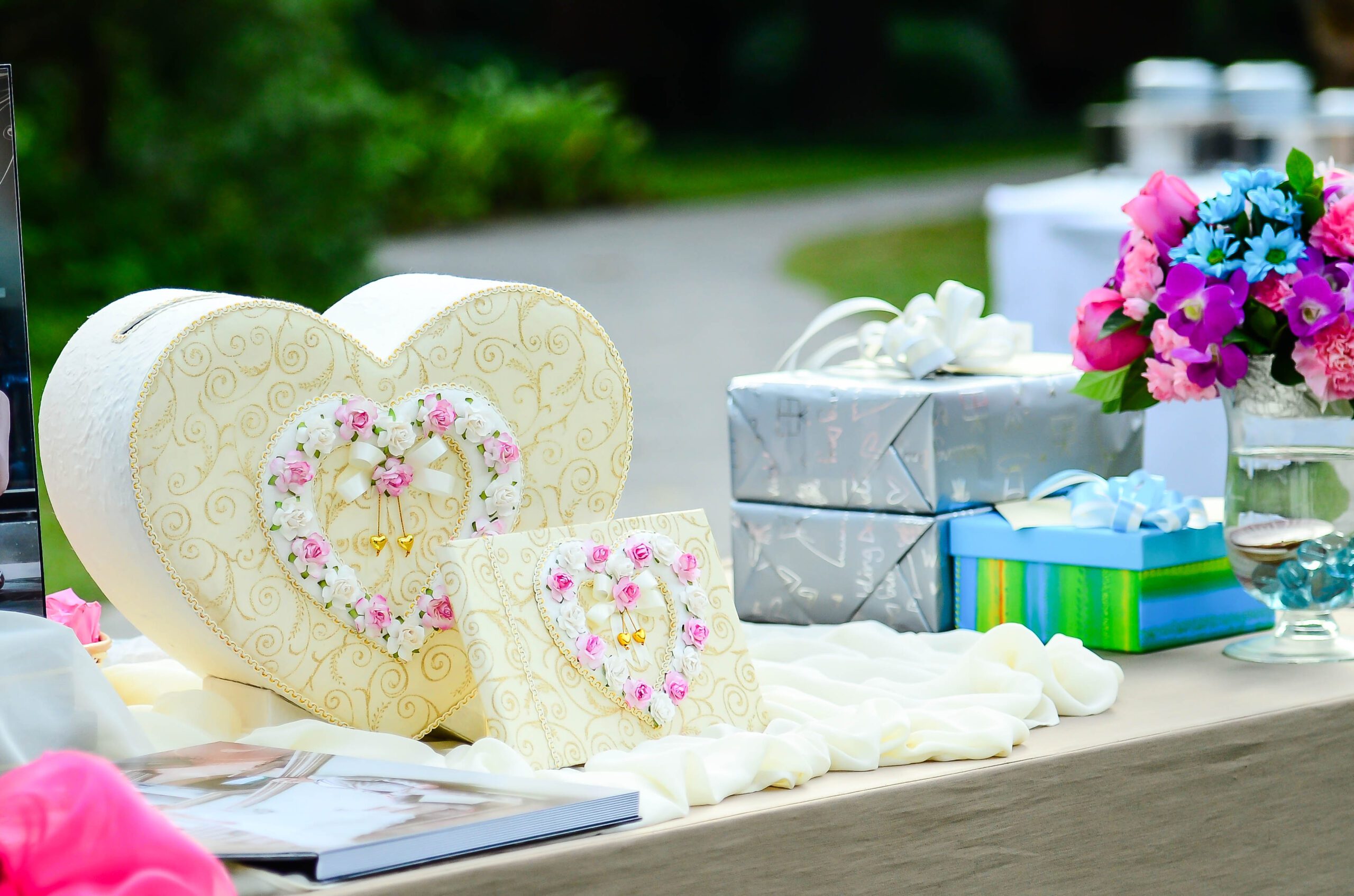 sweet gift box heart shape on table for wedding day