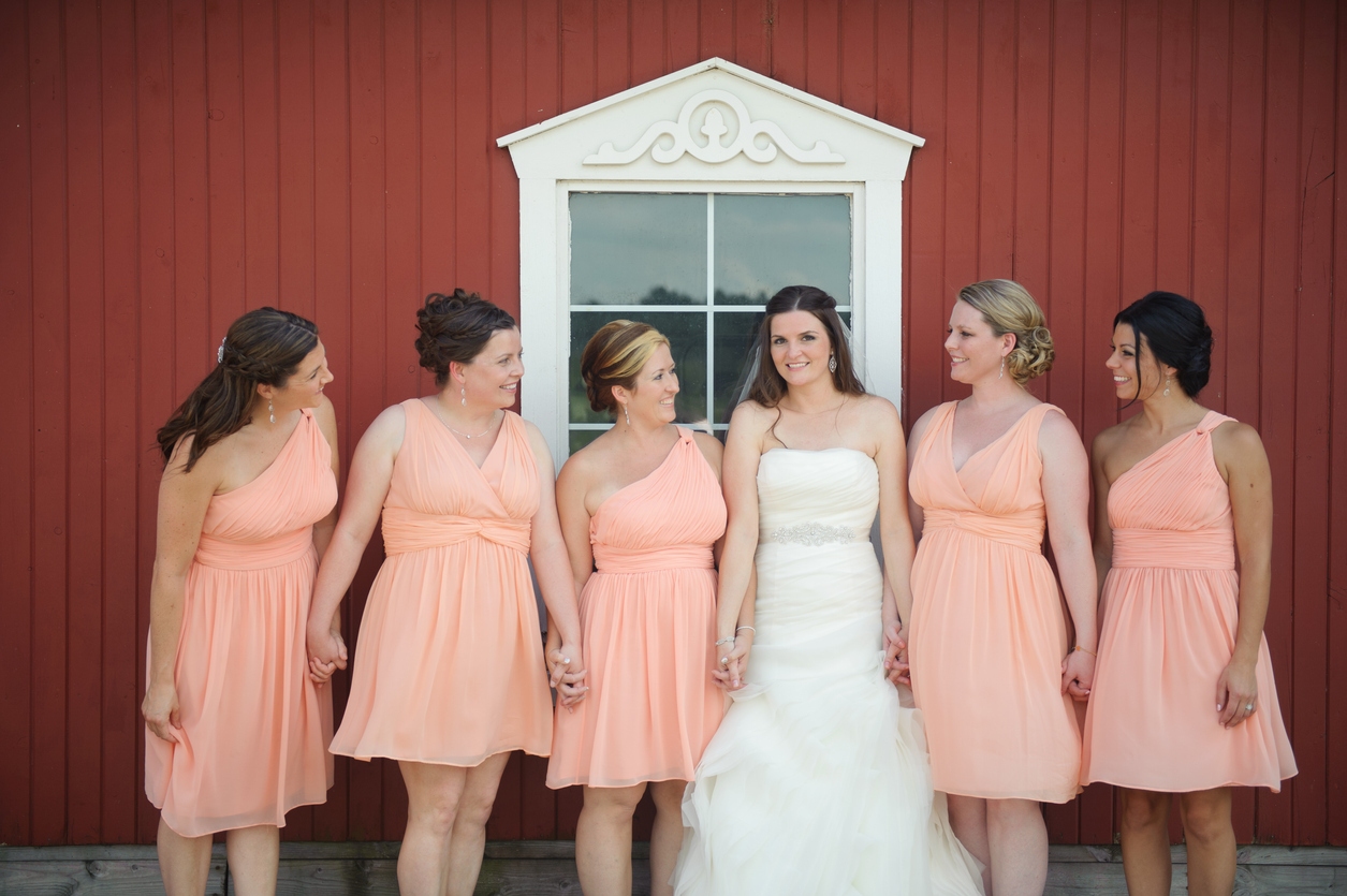 The bride and her bridesmaids, dressed in pale orange knee-length gowns, pose side by side for a shot.