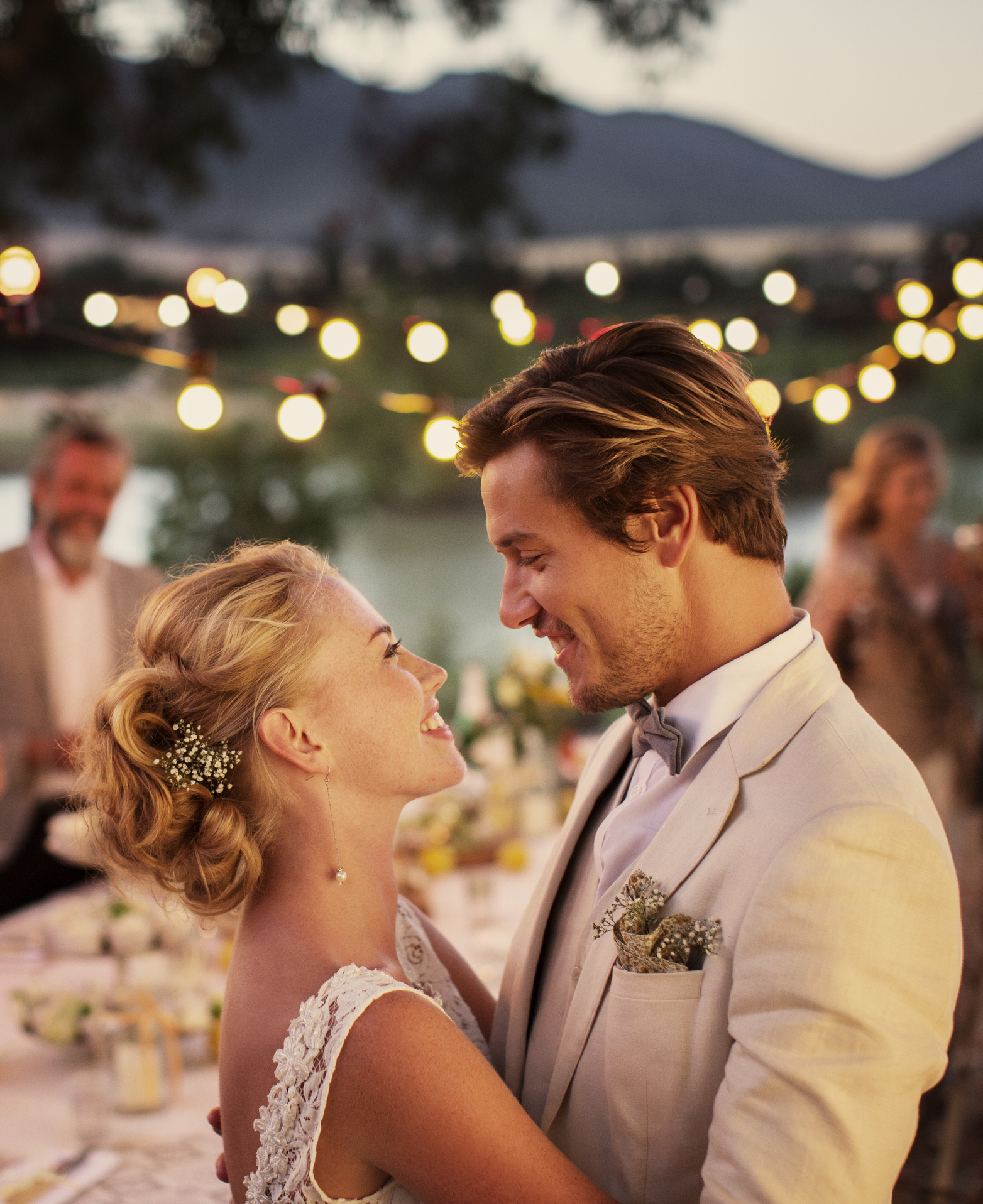 happy wedding couple looking at each others eye