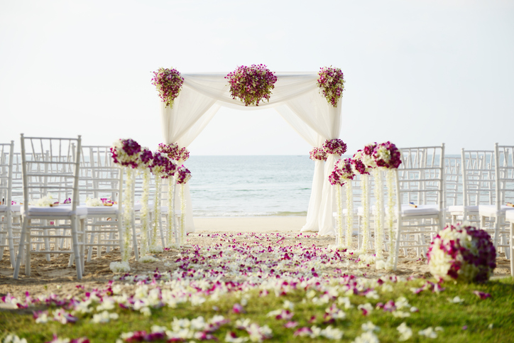 the aisle of a seaside wedding is draped with violet and white flowers.